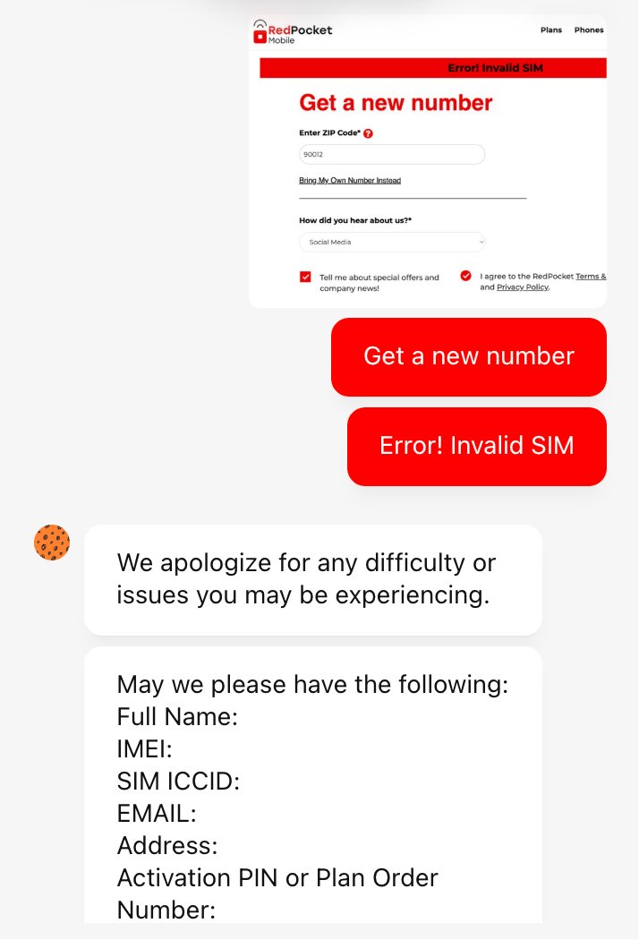 与 RedPocket 客服沟通的截图二