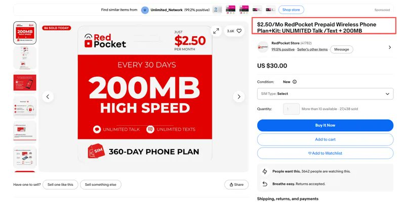 eBay 上 Red Pocket eSIM 商品详情页截图