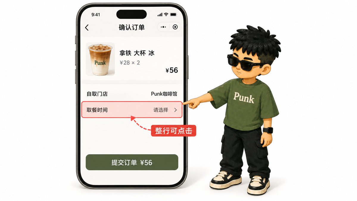 确认订单页的「自取门店」和「取餐时间」两行单元格
