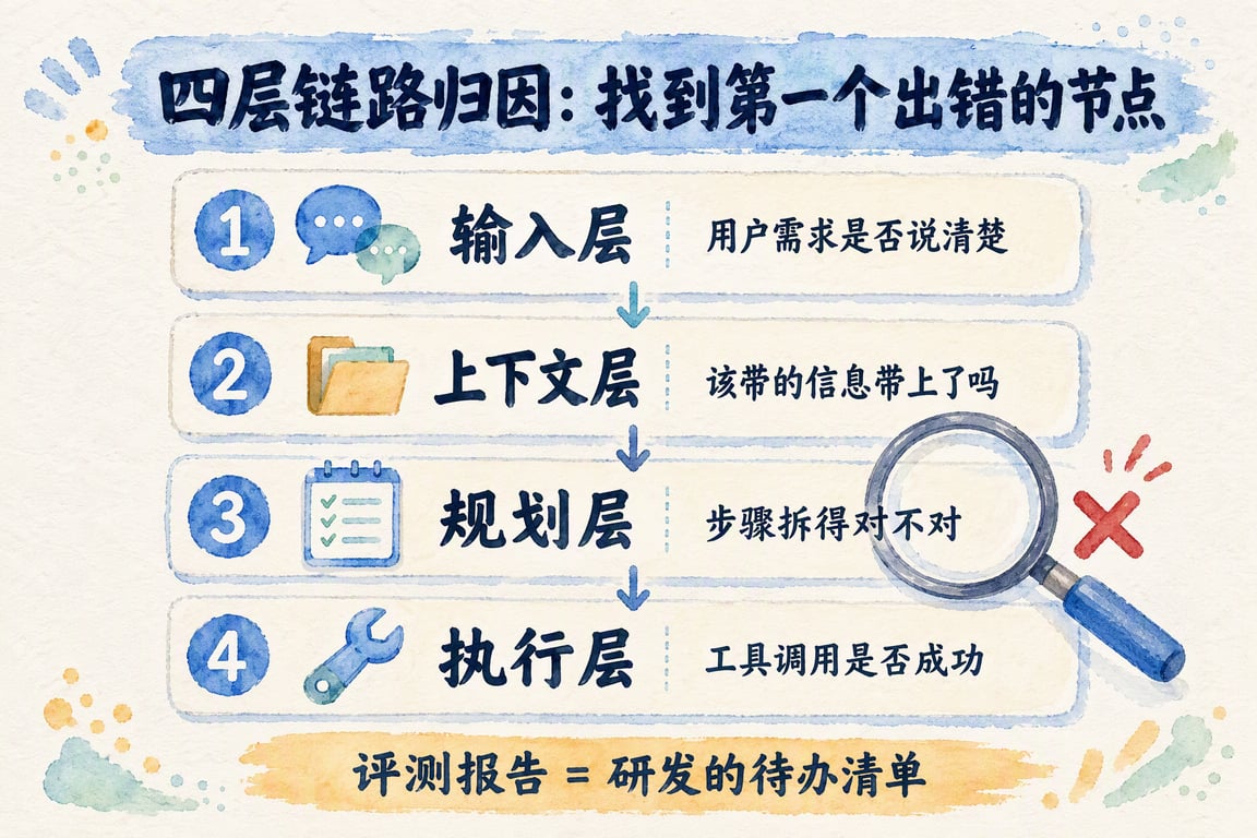 按输入层、上下文层、规划层、执行层拆解评测归因的配图