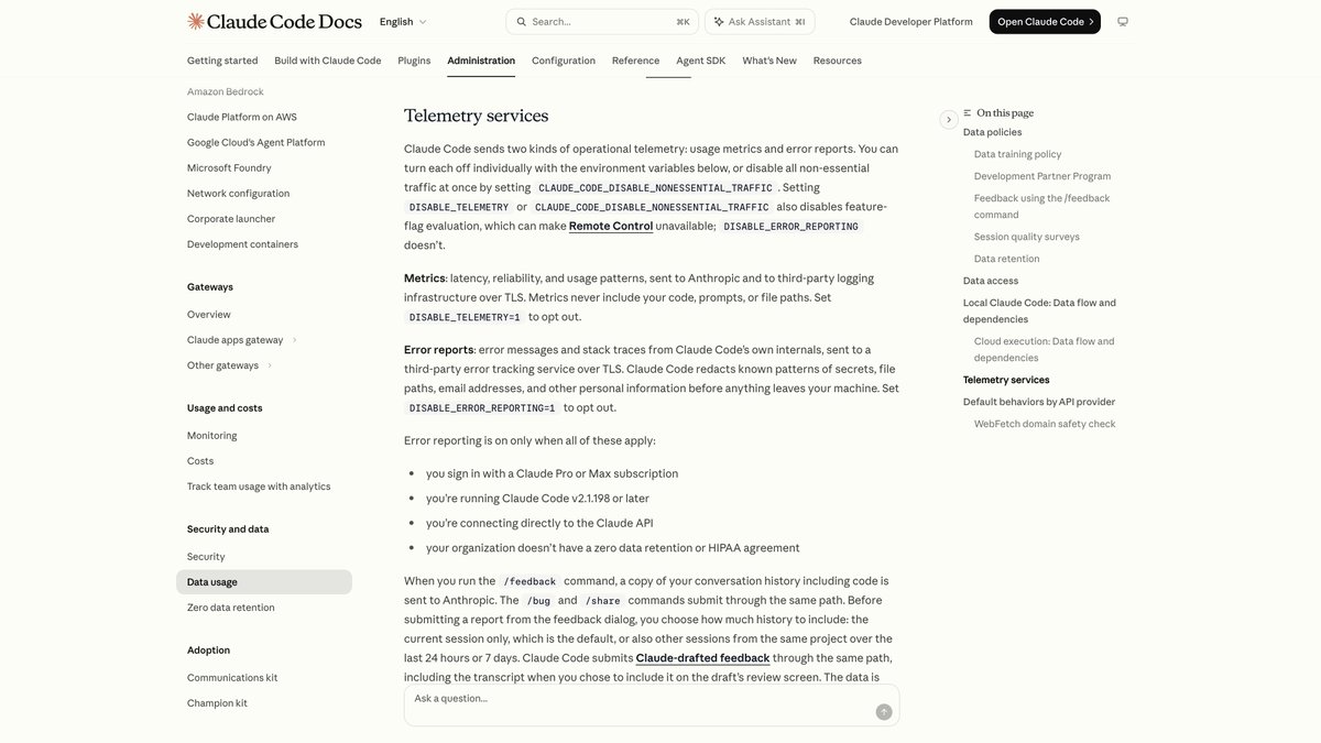 Claude Code 的 settings.json 中关闭非必要上报的配置截图