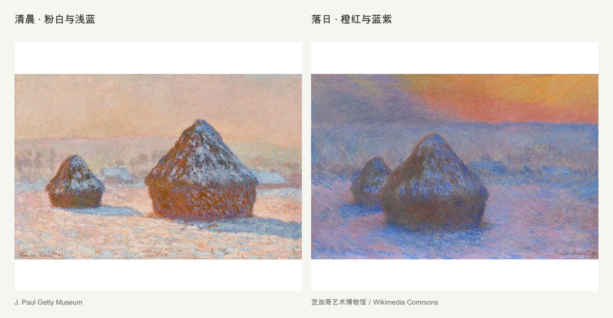 莫奈麦垛清晨与落日雪景对比