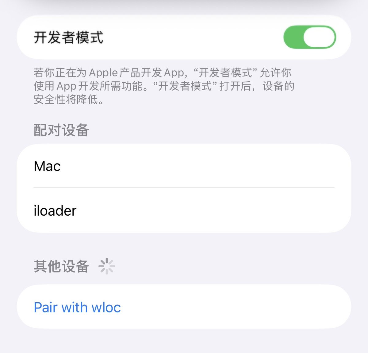 iPhone 开发者模式中 Pair with wloc 配对入口截图