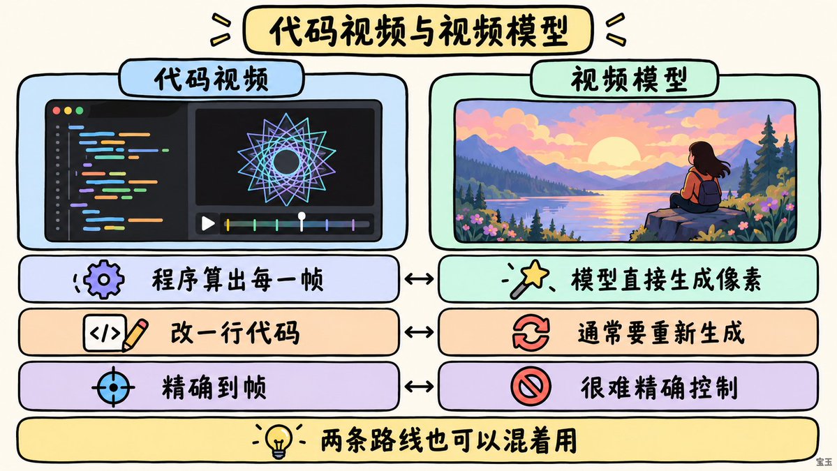 代码视频与视频模型在画面来源、文字准确性、改稿方式、旁白对齐、写实能力和可重复性上的对比图