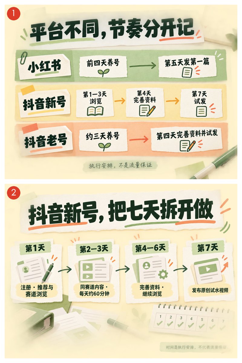 小红书与抖音养号时间节点对照，以及抖音新号七天流程示意