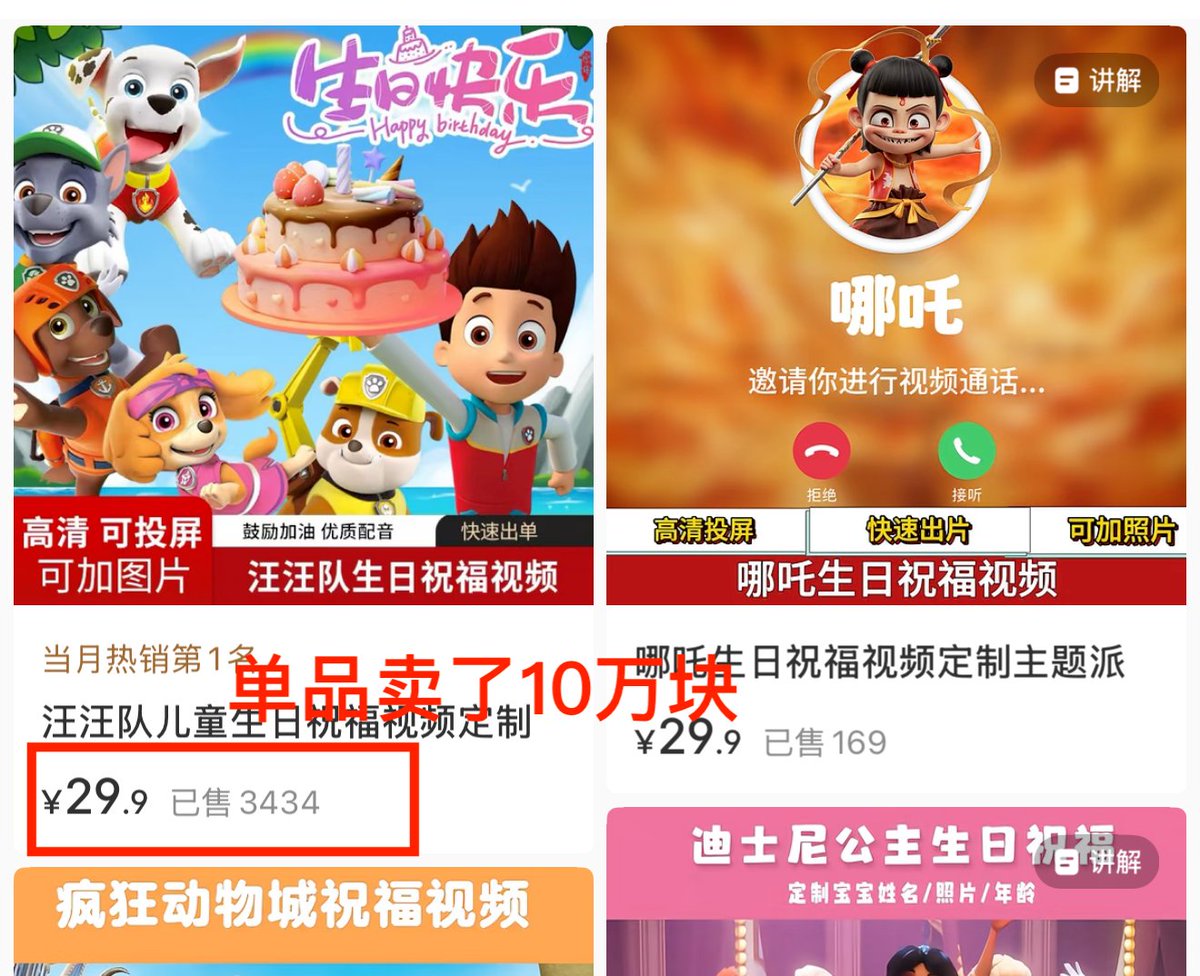 小红书儿童生日定制视频商品页面与销量展示