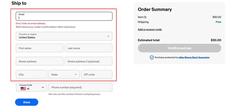 eBay 收货地址填写页面截图