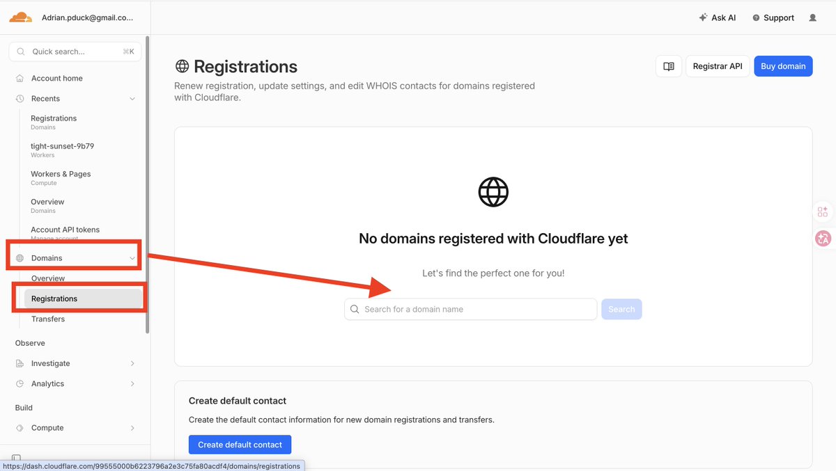 Cloudflare 左侧菜单 Domains 入口截图