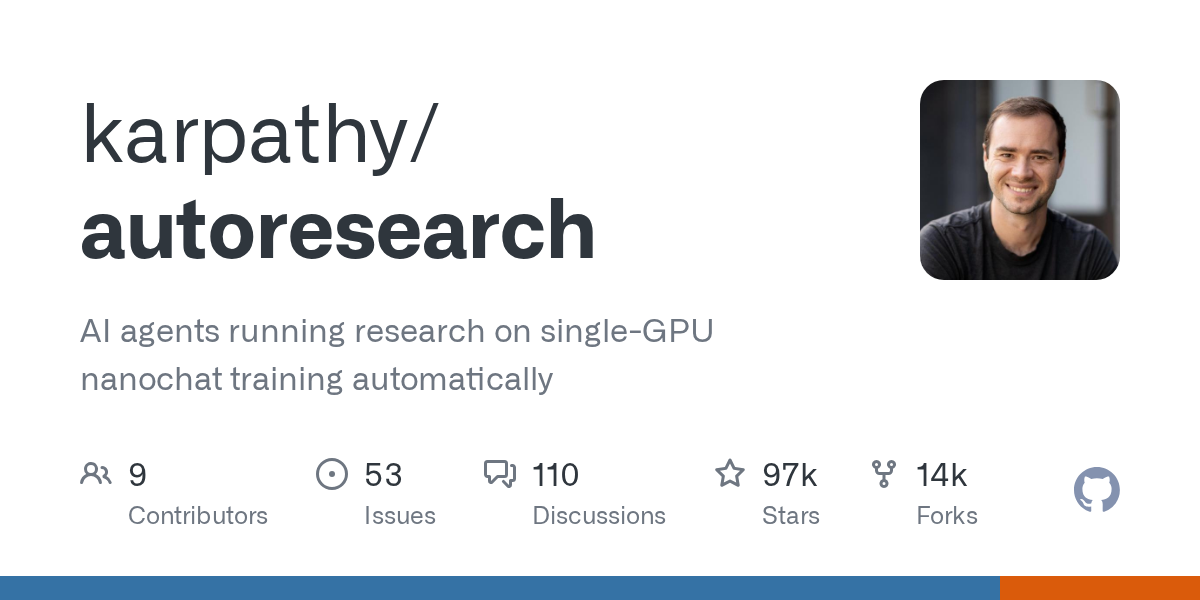 karpathy/autoresearch 仓库的自主训练实验进度示意图