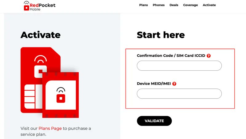 Red Pocket 激活页面填写确认码与设备 IMEI 的截图