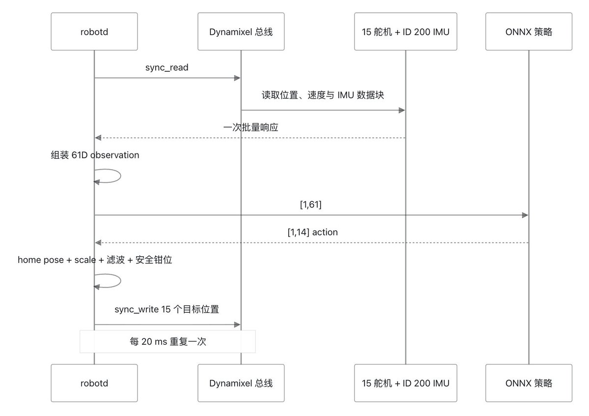 50 Hz 控制周期内读取状态到写入舵机目标的时序图