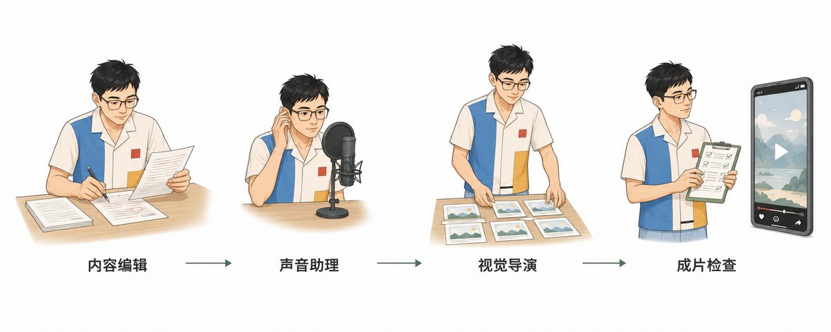 Codex 处理内容、声音、分镜和成片检查的流程示意
