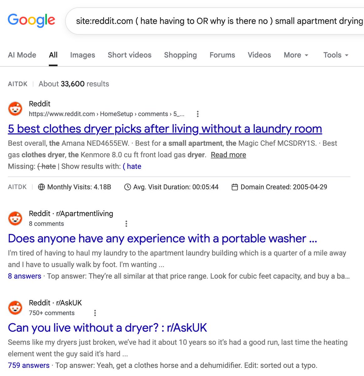 小户型租房晾衣抱怨的 Reddit 搜索结果截图