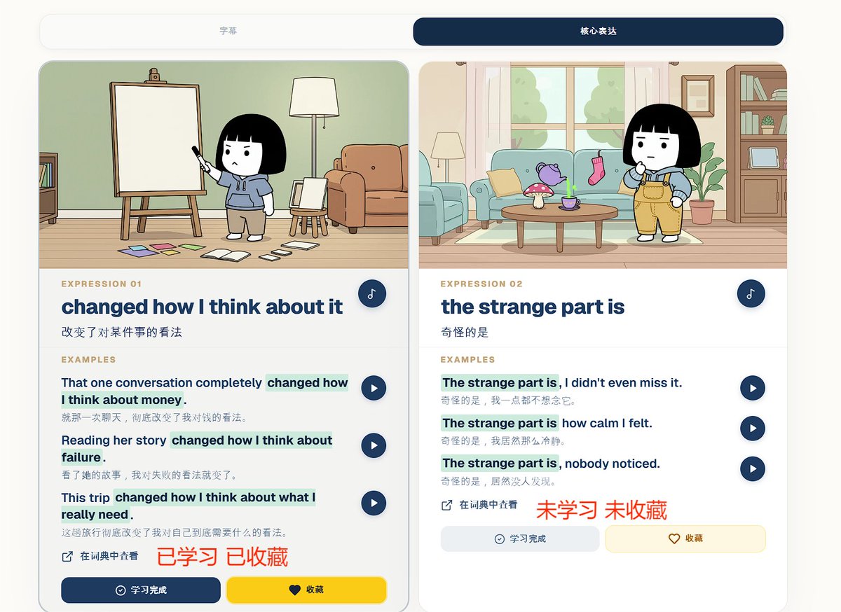 一张核心表达卡片,含英文例句与中文释义