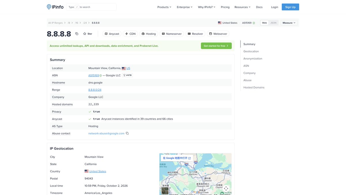 ipinfo.io 查询 8.8.8.8 时 AS Type 显示 Hosting 的截图
