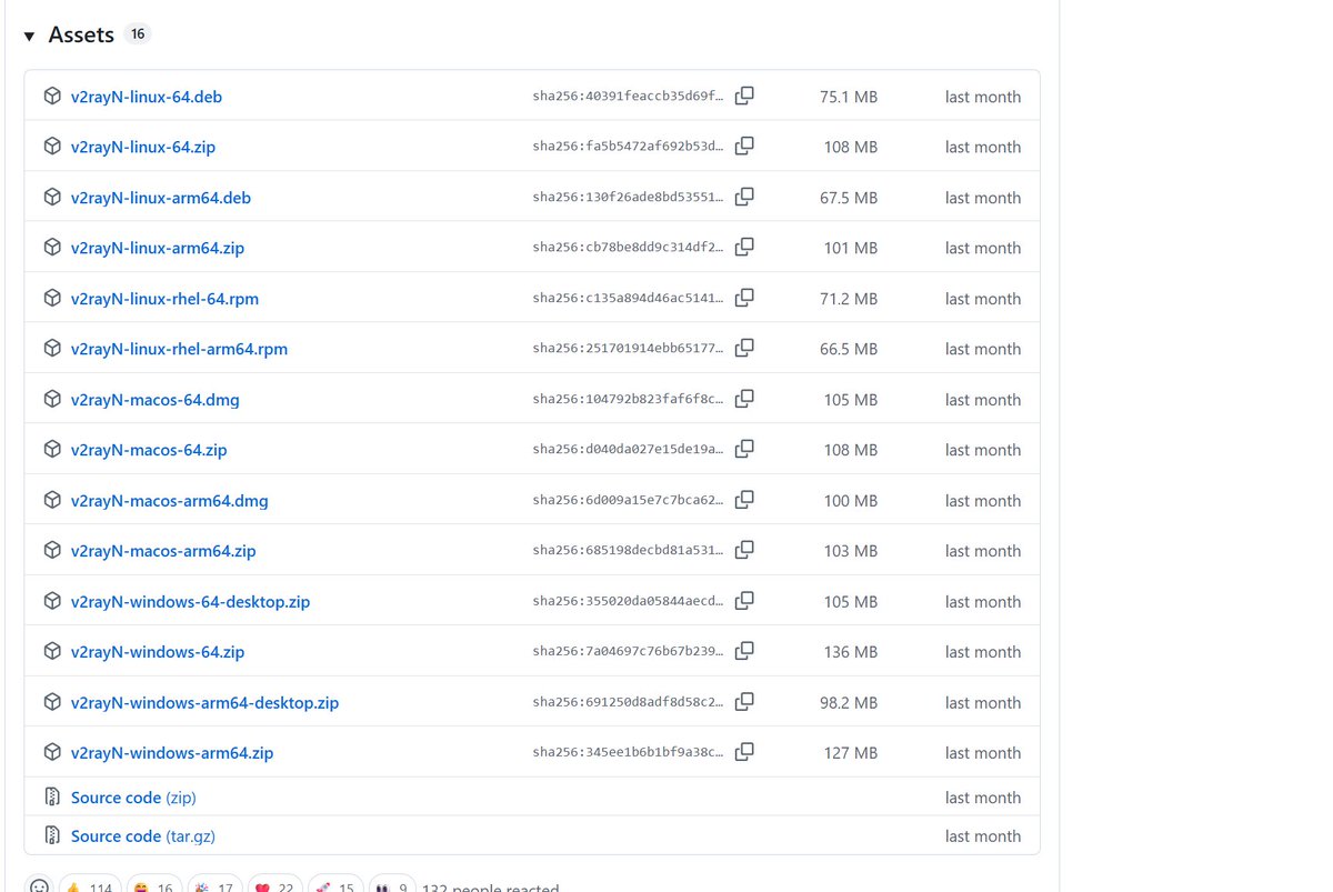 v2rayN GitHub Releases 页面中的资源下载列表