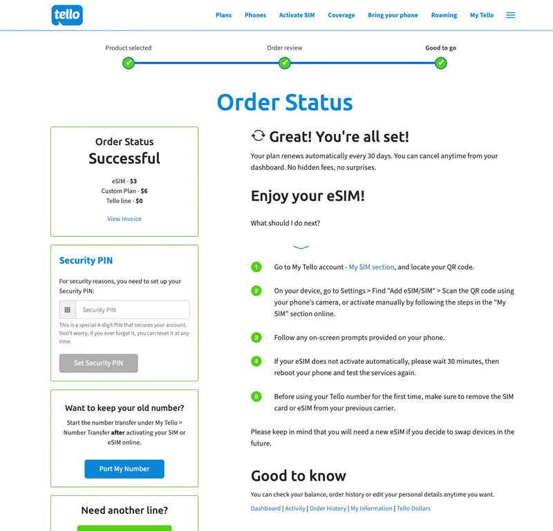 Tello 下单成功页面显示 Order Status 与后续操作提示的截图