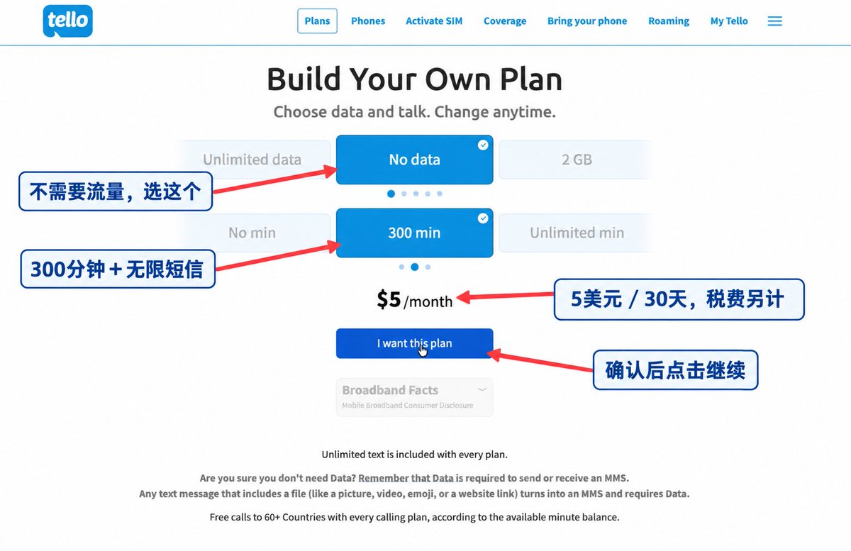 Build Your Own Plan 选 No data 与 300 分钟显示 5 美元