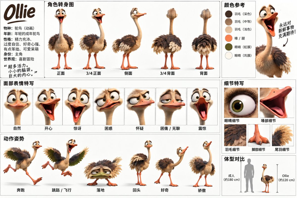 Ollie 鸵鸟角色设定表,含转面、表情、动作与配色