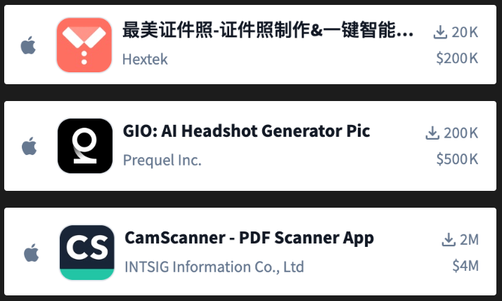 三款工具 App 的后台营收数据截图