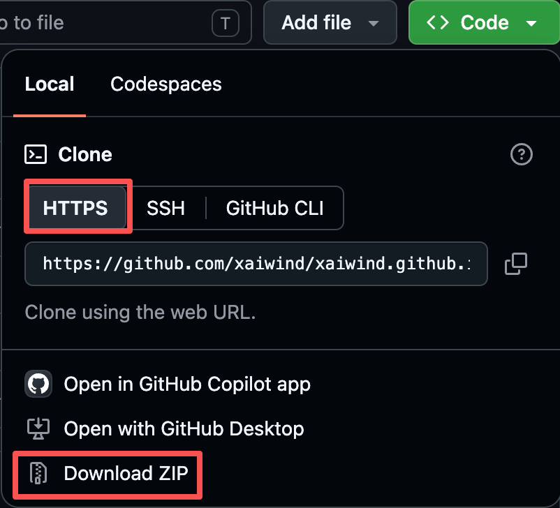 GitHub 仓库页面下载与 clone 地址的复制入口截图