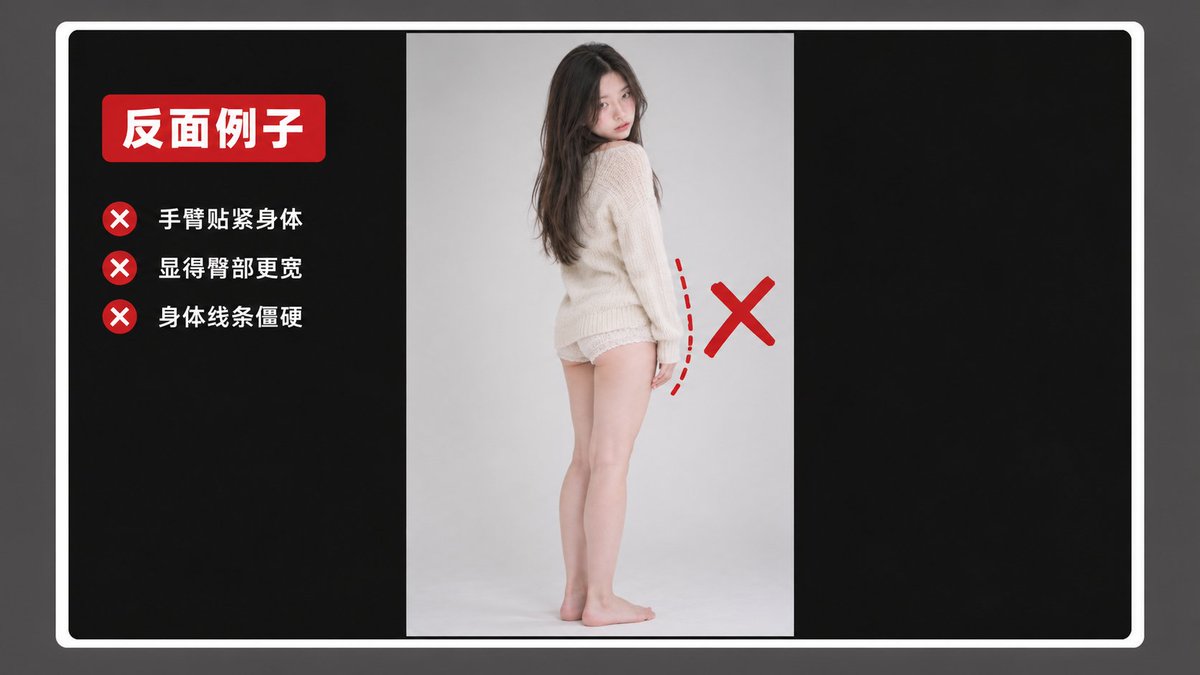 手轻搭大腿外侧、手指自然可见的示范
