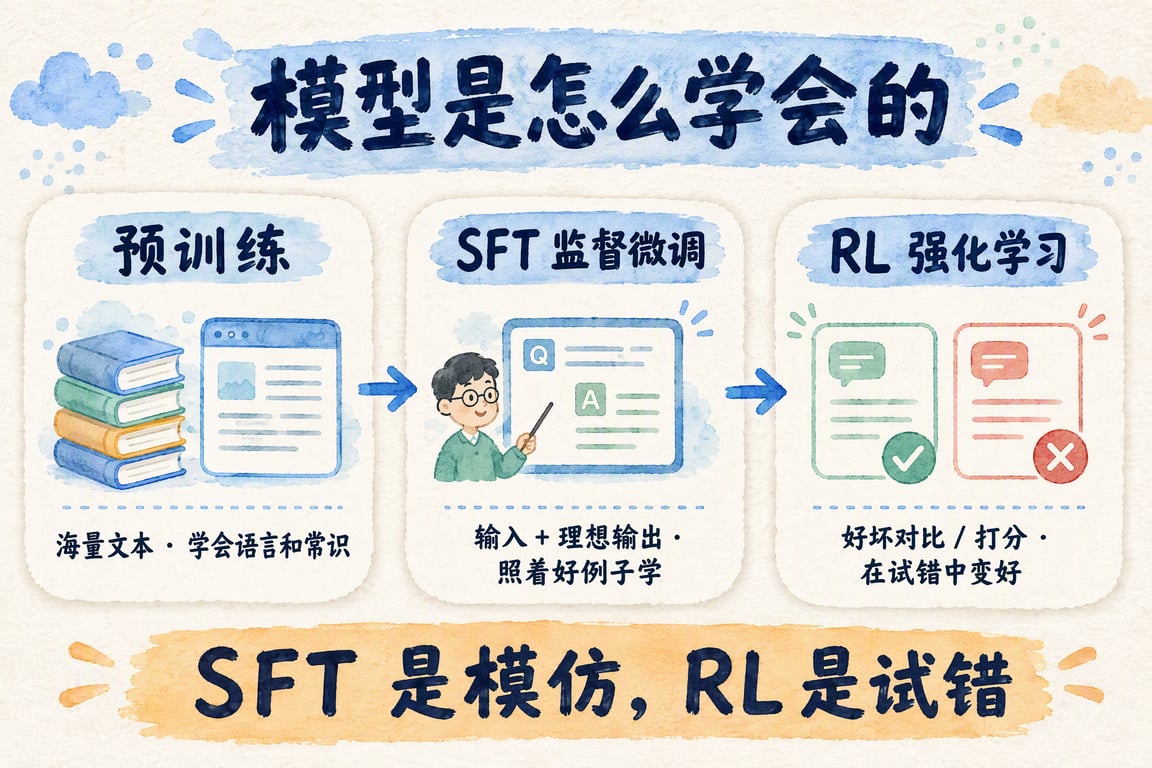 SFT、RL 训练方式与微调顺序讲解后的配图