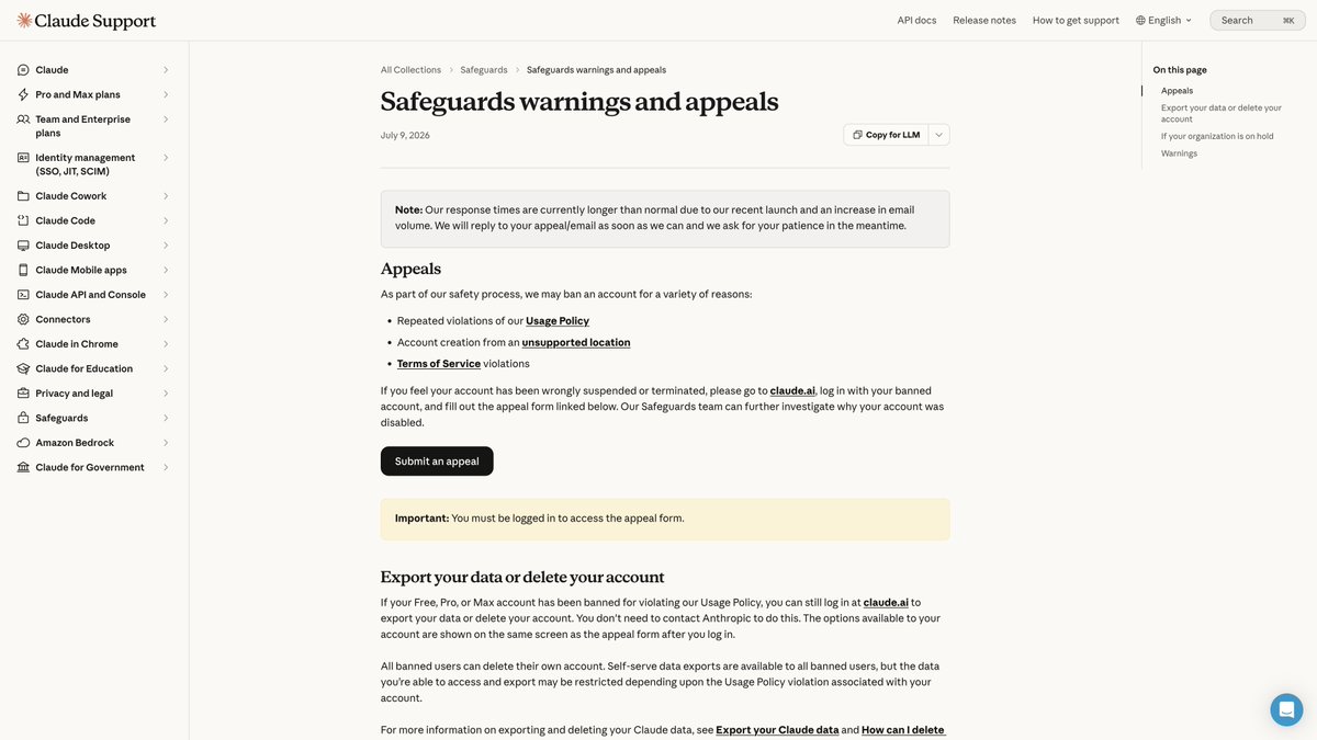 帮助中心 Safeguards warnings and appeals 列出三条封号理由的页面截图
