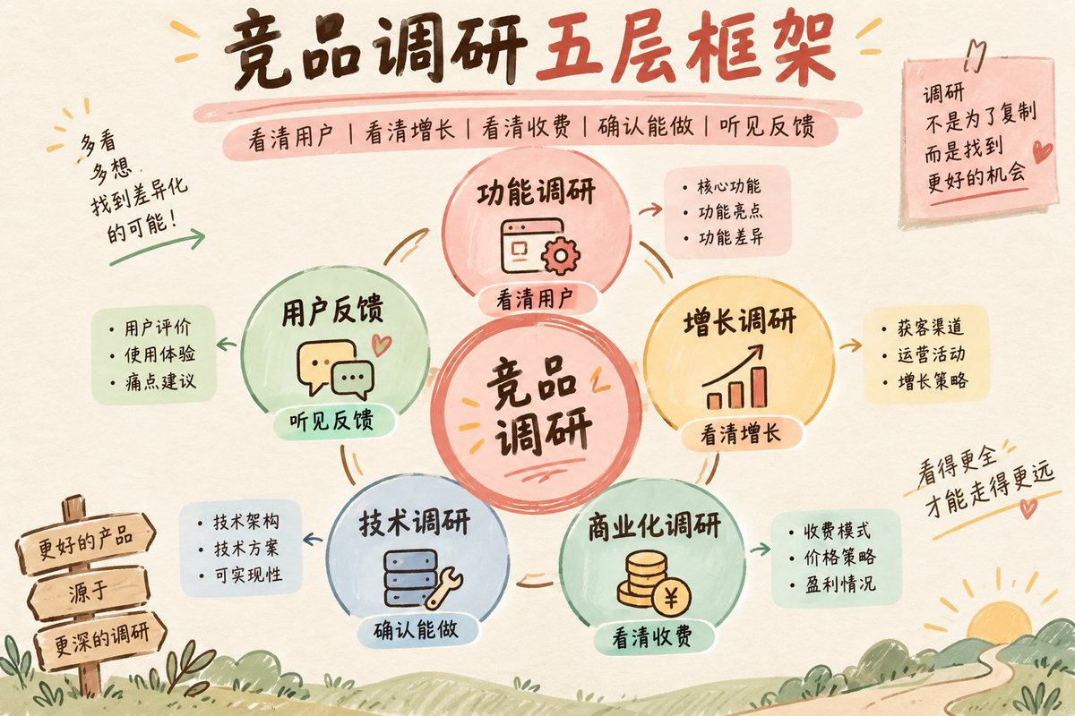 竞品调研五个维度的复盘框架图