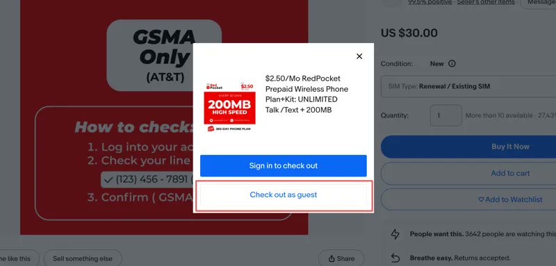 eBay 结账登录弹窗中 Check out as guest 选项截图