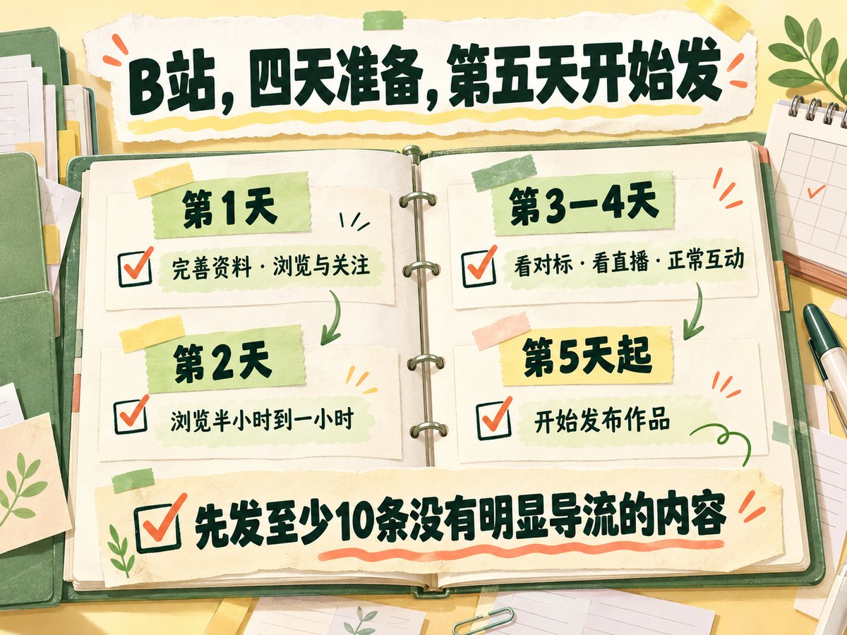 B站四天养号与第五天正式发布的节点示意图