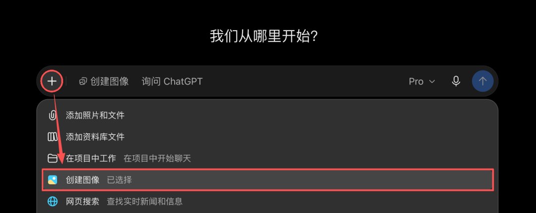 ChatGPT输入框左侧加号菜单里选择「创建图像」的界面截图