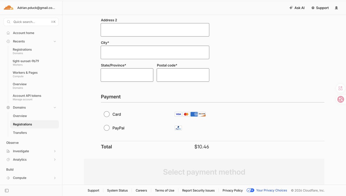 Cloudflare 域名购买详情页填写信息截图