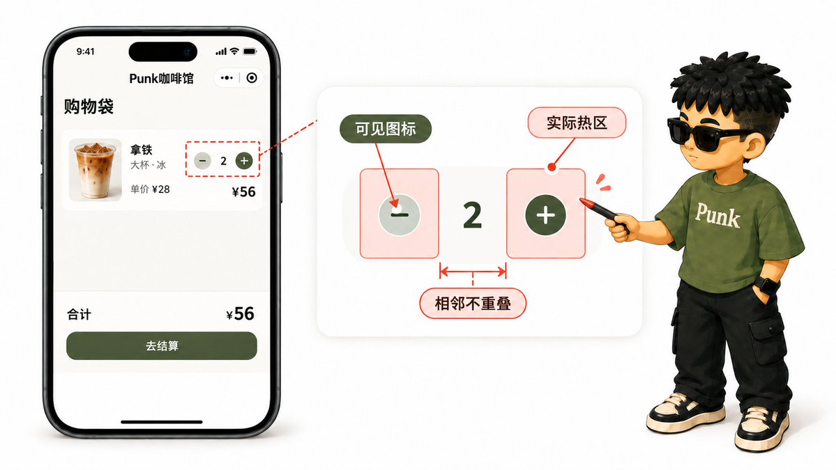 购物袋里「+」「-」图标外画出的淡色可点击范围框