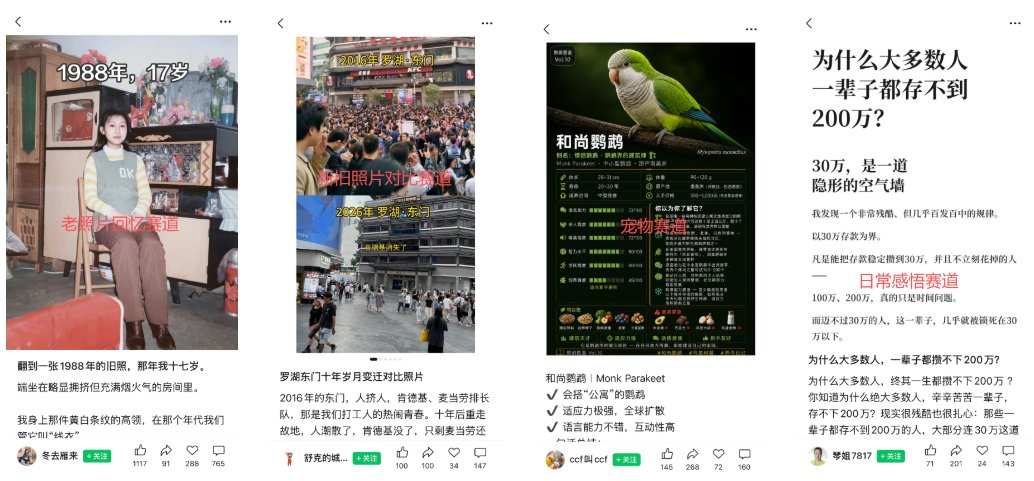 常见的对标赛道有新老照片对比图,老照片回忆,日常感悟,生活对比图,落灰豪车,美食,人民币等�