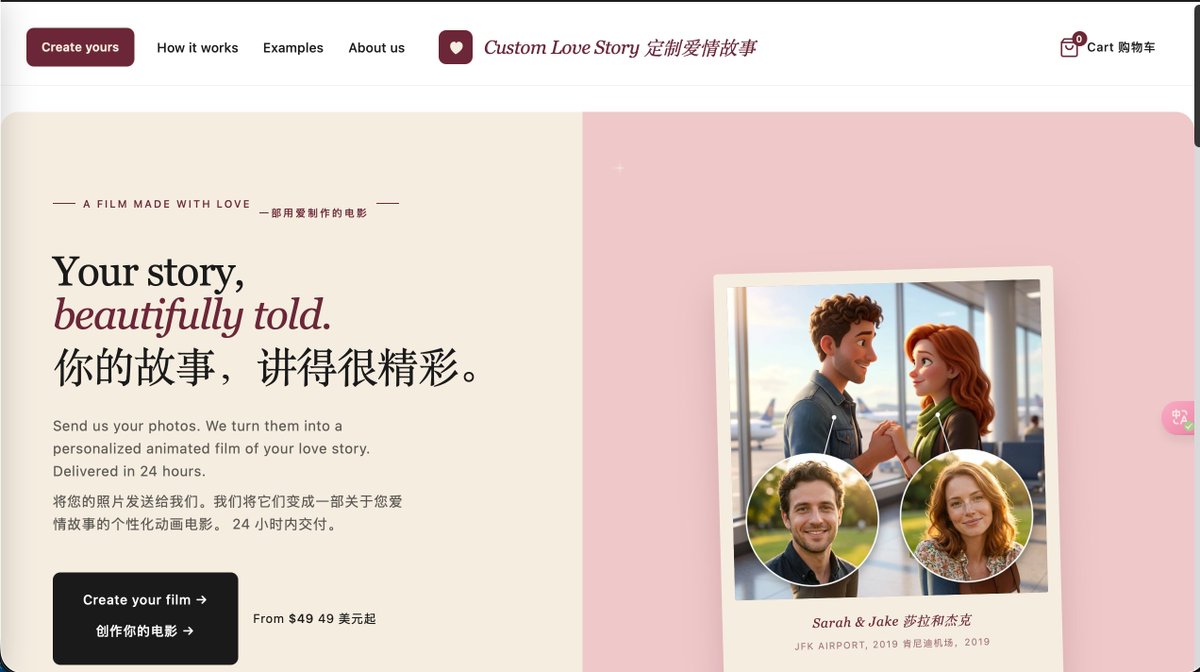 Custom Love Story 的动画婚礼视频产品页面