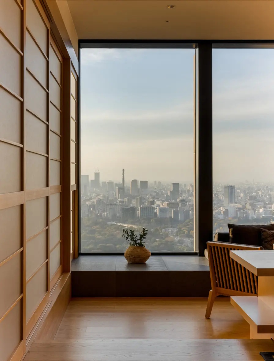东京安缦室内材质家具与窗外景色