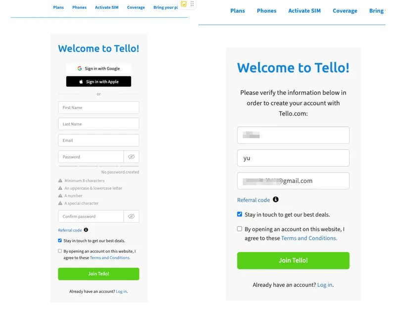 Tello 注册页填写姓名、邮箱和密码的表单截图