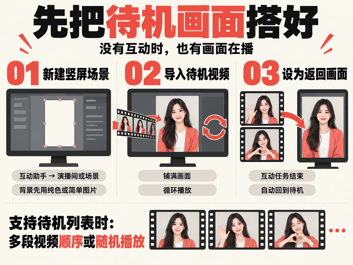 互动助手画面编辑区里铺满竖屏的待机视频与返回设置