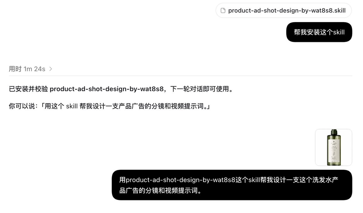 然后装到你的 Agent 上,再去调用这个 Skill 去完成你的视频需求就可以了