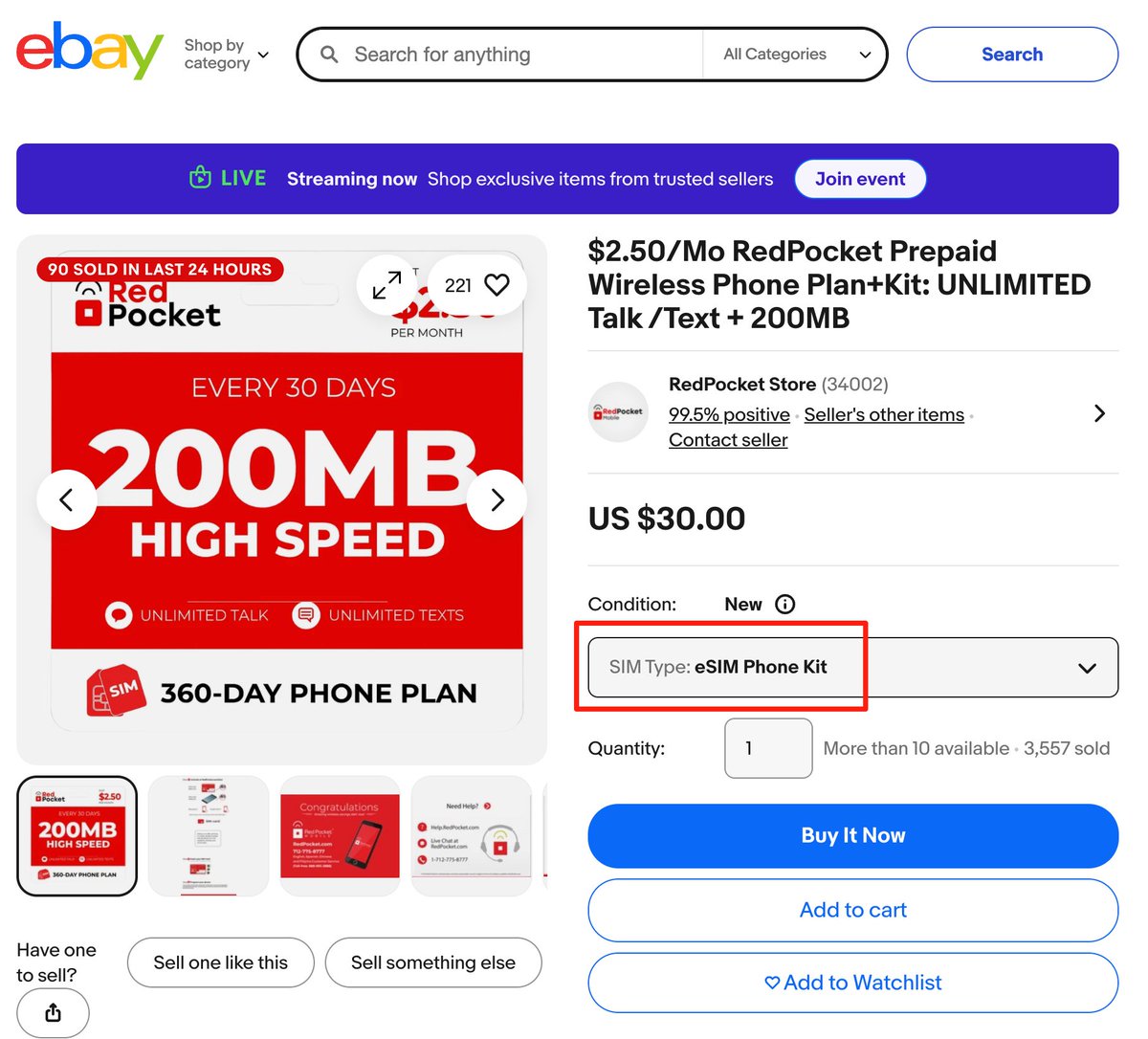 eBay 上 RedPocket 年费套餐选购页面截图