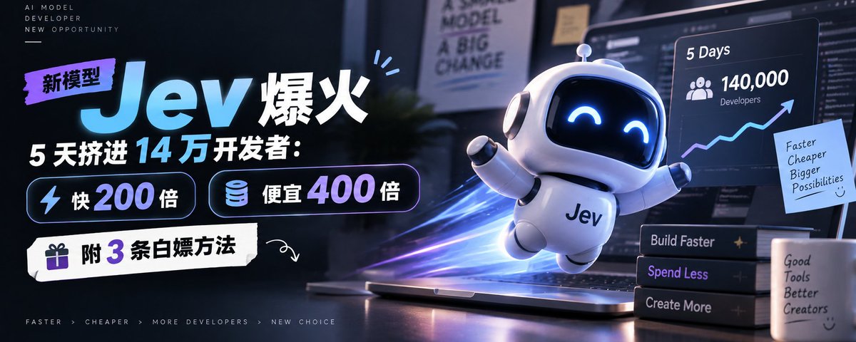 新模型 Jev 发布即爆火：官方称快 40–200 倍，实测便宜 444 倍（官方称属上限）【附 3 条白嫖方法】