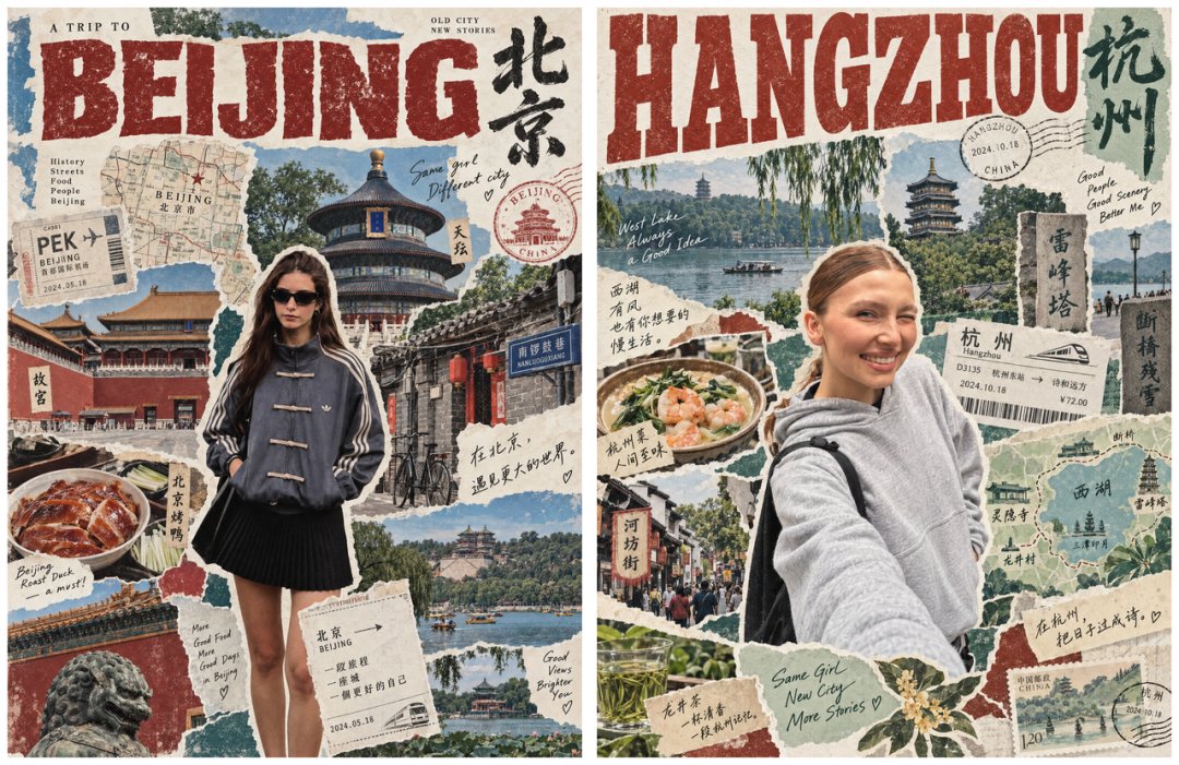 以人物为主角的广州主题复古旅行拼贴海报
