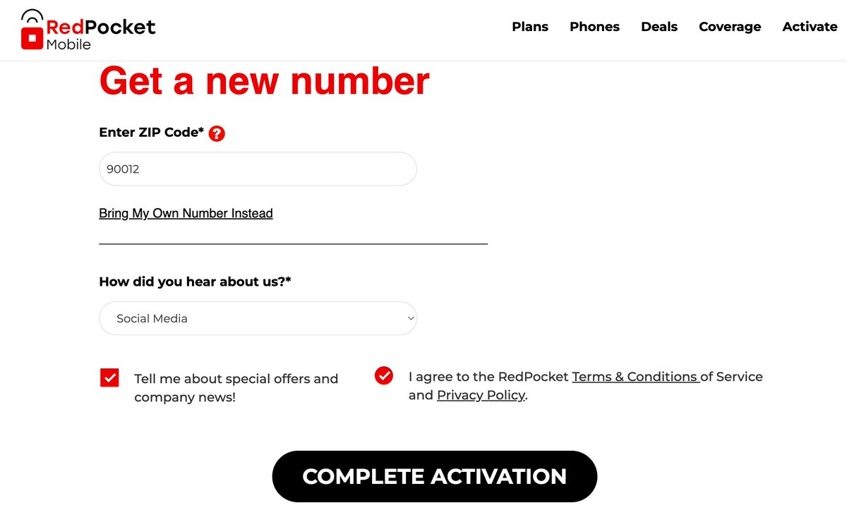RedPocket 激活时填写邮编 90012 的页面截图