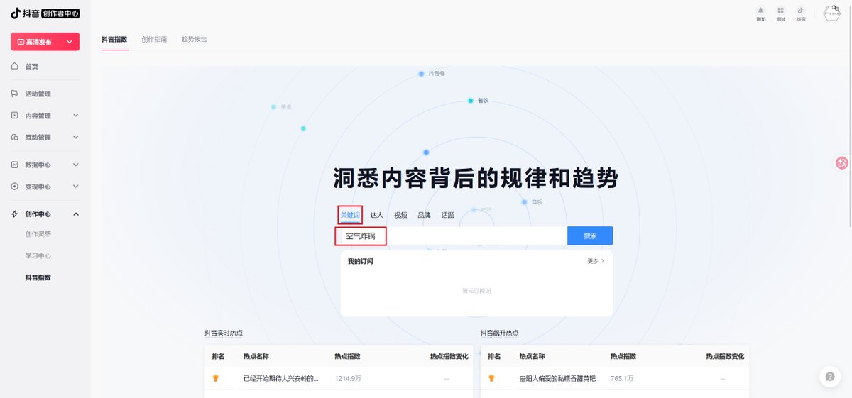 抖音指数搜索空气炸锅的关键词查询页