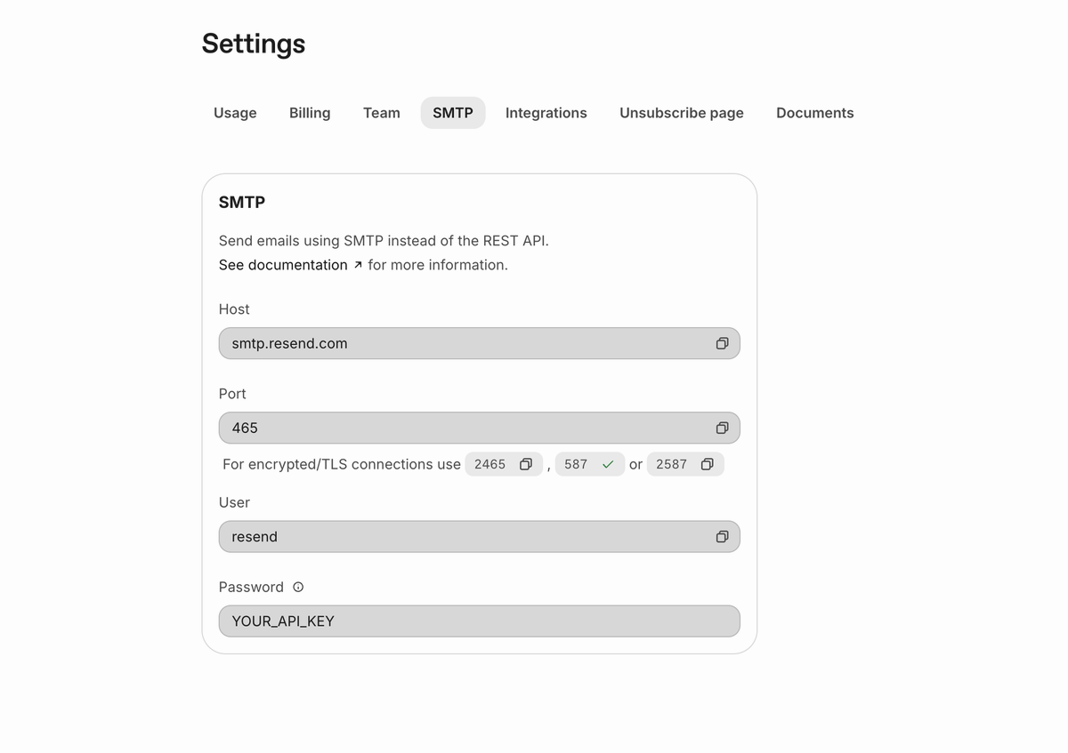 Resend Settings 的 SMTP 页面显示的服务器地址和端口